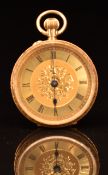 Unnamed 18ct gold keyless winding open faced pocket watch with blued hands, black Roman numerals,