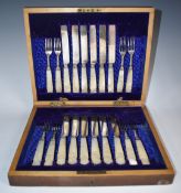Cased set of William IV mother of pearl handled fruit knives and forks, comprising eight forks and
