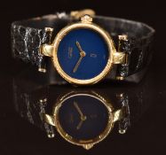 Must de Cartier silver gilt ladies wristwatch with gold hands, blue dial and quartz movement, on