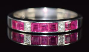 A 9ct white gold ring set with synthetic square cut rubies and diamonds, 3.4g, size T