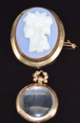 Edwardian 9ct gold locket, Chester 1907, 2.8cm and a pinchbeck brooch set with a cameo, 4.4cm