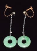 A pair of Art Deco 9ct gold earrings set with a seed pearl, old cut diamond and jade bi-disc to