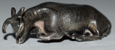 19thC hallmarked silver novelty model of a seated long horned cow, length 6.5cm, marks indistinct