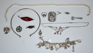 David Andersen Norwegian silver leaf brooch set with red enamel, pearl necklace, silver charm