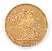 Queen Victoria 1872 gold full sovereign with bun head portrait
