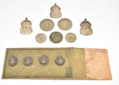 Four filigree silver buttons, three silver ARP brooches and silver coins