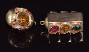 Two 9ct gold charms set with paste, 10.9g, largest 2.5cm