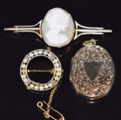 Edwardian brooch set with peals and rose cut diamonds, 9ct rose gold brooch set with a cameo and a