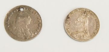 Maundy George III 1800 penny, small hole, together with Queen Victoria Jubilee 1888 EF/unc example
