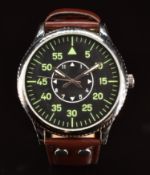 German Airforce military style gentleman's wristwatch with luminous hands, green Arabic numerals,