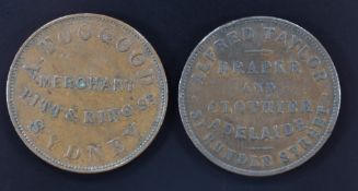 Two Australia 19thC penny tokens, Alfred Taylor, Draper and Clothier, Adelaide, VF+ and an 1855 A