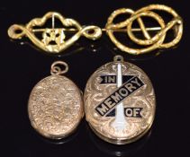 Victorian mourning locket set with enamel reading 'In Memory of', Victorian ivy-decorated locket,