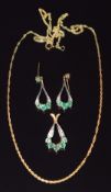 A 9ct gold pendant set with diamonds and emeralds, on 9ct gold chain, with matching earrings, 3.4g