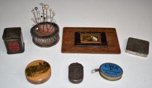 Hallmarked silver mounted pin cushion, hallmarked silver vesta, Mauchline ware pin cushion, Co-