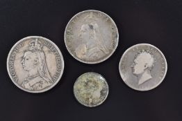 Queen Victoria 1892 Jubilee crown together with an 1887 double florin, a George IV half crown and