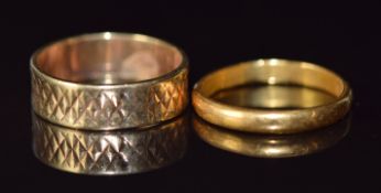 A 22ct gold wedding band / ring (2g, size L) and a 9ct gold wedding band / ring with cross
