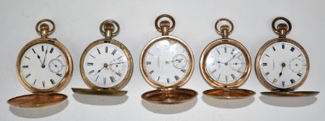 Five gold plated keyless winding full hunter pocket watches including NY Stander Watch Co, Thomas