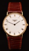 Longines 18ct gold gentleman;s wristwatch ref. L7 989 6 with black hands, gold Roman numerals, white