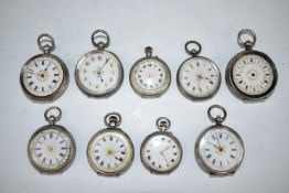 Nine hallmarked and other silver open faced pocket watches each with Roman numerals, engraved case
