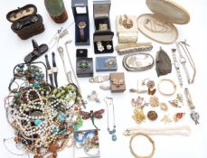 A collection of costume jewellery including Capri brooch, 9ct gold and silver ring, beads, silver