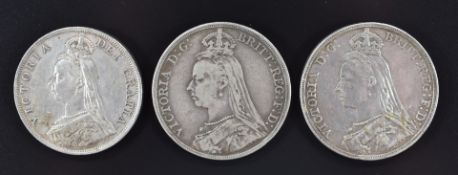 Two Queen Victoria Jubilee crowns 1889 and 1890, together with an 1887 double florin