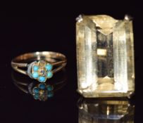 Two 9ct gold rings, one set with a citrine (14.4g, size O) and the other a diamond and turquoise,