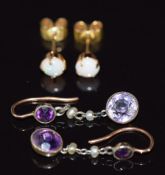 A pair of Victorian earrings set with amethysts and seed pearls (2.4cm) and a pair of 9ct gold