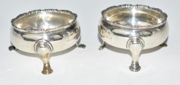 Pair of Georgian hallmarked silver hoof footed open salts, London 1762, maker's mark rubbed,