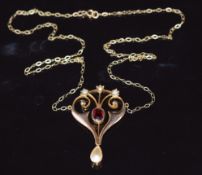 Edwardian 9ct gold necklace set with a garnet, seed pearls and blister pearl, 2.1g, pendant 3.5cm