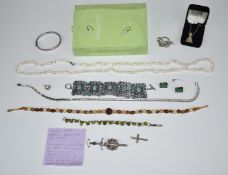 A collection of silver jewellery including Scottish brooch, cross, pendant, earrings and bangle