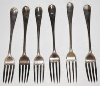 Set of six Georgian hallmarked silver beaded edge table forks, various dates and makers but four