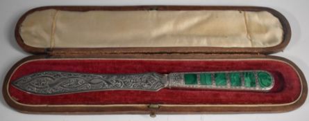 Cased Victorian hallmarked silver paper knife set with malachite to the handle, Birmingham 1861,
