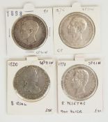Ferdinand VII 8 Reales, 1820 Mexico City, three silver 5 peseta coins, 1871, 1875 and 1898