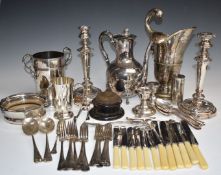 Silver and plated ware to include pair of hallmarked silver candlesticks, Harrods silver plated