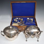 Silver plated ware to include canteen of cutlery, tureen, soda syphon, warming serving dish,