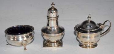 Hallmarked silver open salt with blue glass liner, mustard with blue glass liner and pepper with
