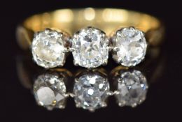 Victorian 18ct gold ring set with three old cut diamonds, each approximately 0.3ct, 3.4g, size M/N