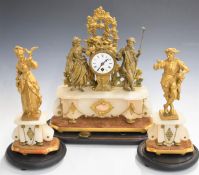 French 19thC figural clock garniture raised on an alabaster base and wooden stand, with single train