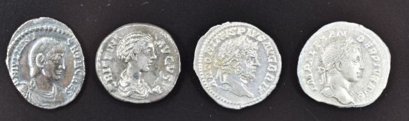 Four Roman Imperial silver coins comprising Caracalla Denarius 213AD, EF+, Severus Alexander