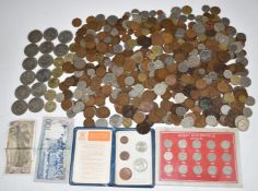 A collection of UK and overseas coinage, very small silver content, and a few banknotes