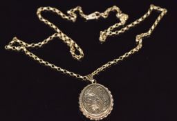 A 9ct gold locket with chased decoration and 9ct gold belcher chain, locket 2.7 x 2cm and chain 46cm