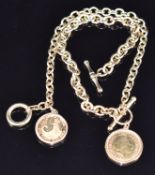 A 2007 gold half sovereign and a 1/10oz gold Britannia coin, mounted and fitted to a yellow metal