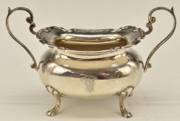 George V Mappin & Webb hallmarked silver two handled sugar bowl, raised on four feet, Birmingham