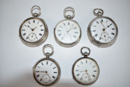 Five hallmarked silver open faced pocket watches including Caster of Faversham and E Marks of