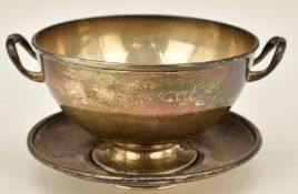 Victorian hallmarked silver twin handled pedestal bowl on tray, London 1887, maker Charles Stuart
