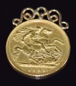 A 1898 gold half sovereign with pendant mount, 4.3g