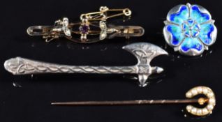 A 9ct gold brooch set with seed pearls and amethysts, a 9ct gold stick pin (3.6g), and two silver