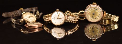 Four 9ct gold ladies wristwatches including a Rotary and an Avia, largest case diameter 26mm.