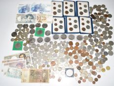 A collection of UK and overseas coinage including silver content, modern crowns and some French