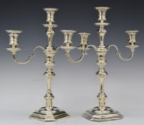 Pair of Garrard hallmarked silver three branch candelabra of octagonal form, with detachable top